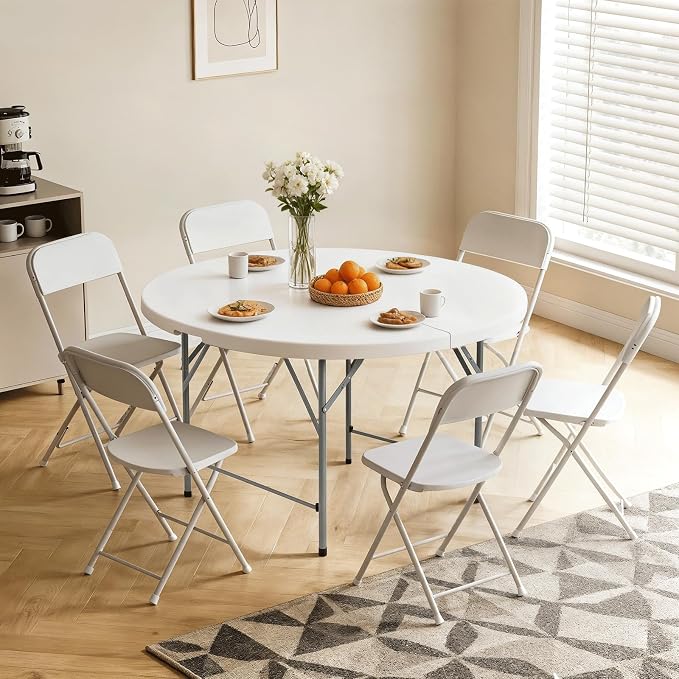 Athena Collection Folding Table, Portable Plastic Round Table Foldable Card Table, Indoor Outdoor Collapsible Craft Desk Dining Table with Lock & Handle for Commercial Event Party Camping, White
