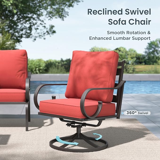 PHI VILLA Patio Furniture Set, 3-Seater Sofa, 2 Swivel Chairs and a 45" Fire Pit Table, Outdoor Metal Conversation Set with 5.75" Extra Thick Cushion for Garden Backyard Deck, Red