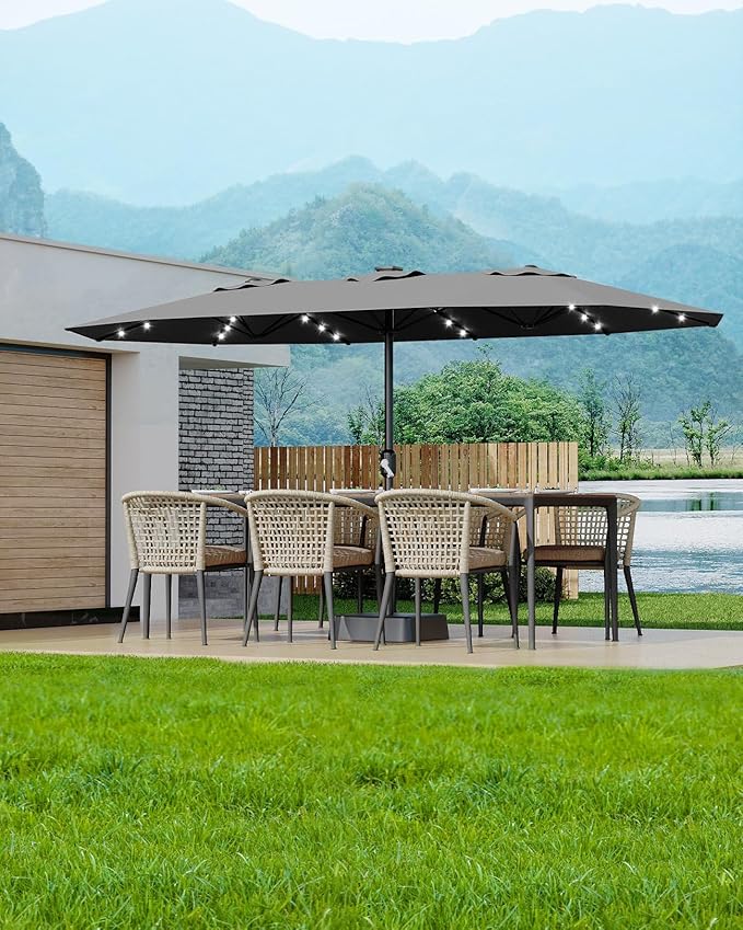 GarveeLife 15 ft Large Patio Umbrella with Lights, 36 LED Lights Double-sided Patio Umbrella with Weighted Base for Poolside Garden Backyard