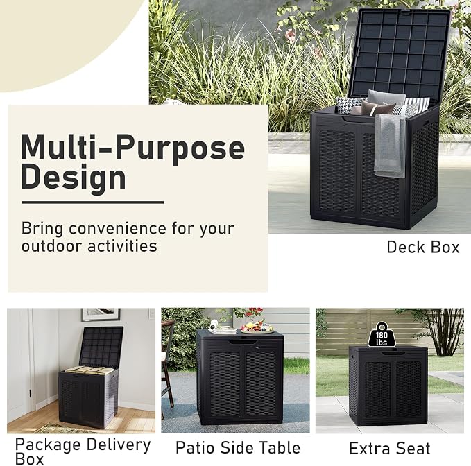 Giantex 39 Gallon Outdoor Storage Box, PP Deck Container with Rattan Patterns & Lockable Lid, Patio Plastic Storage Bin for Package Delivery, Garden Tools, Patio Cushions (39 Gal,Black)