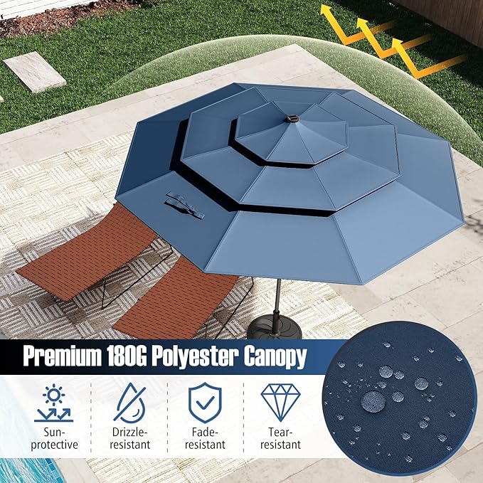 Tangkula 10 FT Solar LED Patio Umbrella, 3-Tier Vented Outdoor Market Table Umbrella with 32 LED Lights, Tilt Adjustment, Crank Handle, 8 Ribs for Backyard Pool Deck (Navy)