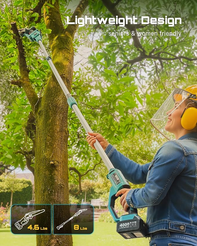 SEESII 10-Inch 2-in-1 Cordless Pole Saw & Mini Chainsaw, 21V Battery Powered Brushless Electric Tree Trimmer with Extension Pole, 2×4000mAh Batteries, Automatic Oiling,Handheld Pruner