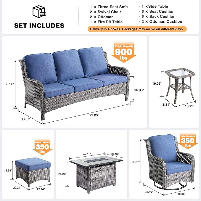 ovios 7-Pieces Patio Furniture Set with 42 Inch Fire Pit Table Swivel Chairs, Outdoor Wicker Sofa Couch Gliders Rocker, High Back Modern Conversation Set, Grey Rattan, Denim Blue