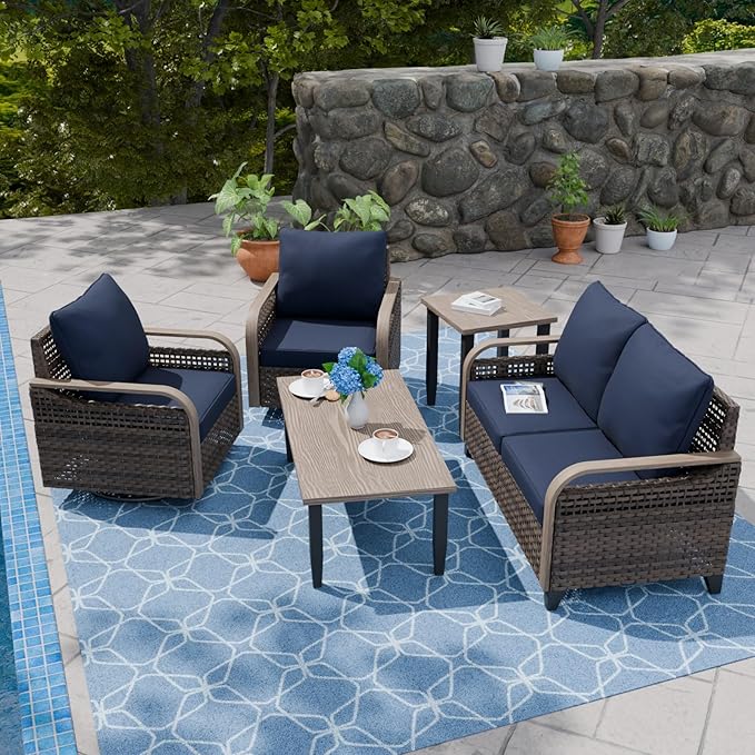 COOS BAY Modern Wicker Outdoor Furniture Set, 5 Piece Patio Conversation Set with 2 Swivel Rockers, a Loveseat, Coffee Table and Side Table, 5 Piece, Brown/Blue