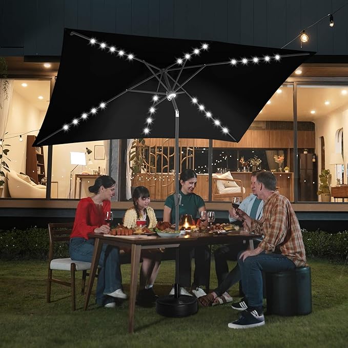 FLAME&SHADE 6.5 x 10 ft Rectangular Solar Powered Outdoor Market Patio Table Umbrella with LED Lights and Tilt, Black