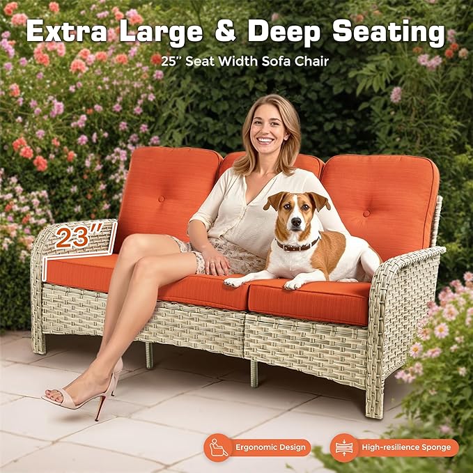 6-Piece Outdoor Patio Furniture Set with Glowing Coffee Table,All Weather Wicker Rattan Patio Seating Sofa and Chair Set with Ottomans,Outdoor Conversation Sets for Porch Deck Yard,Red