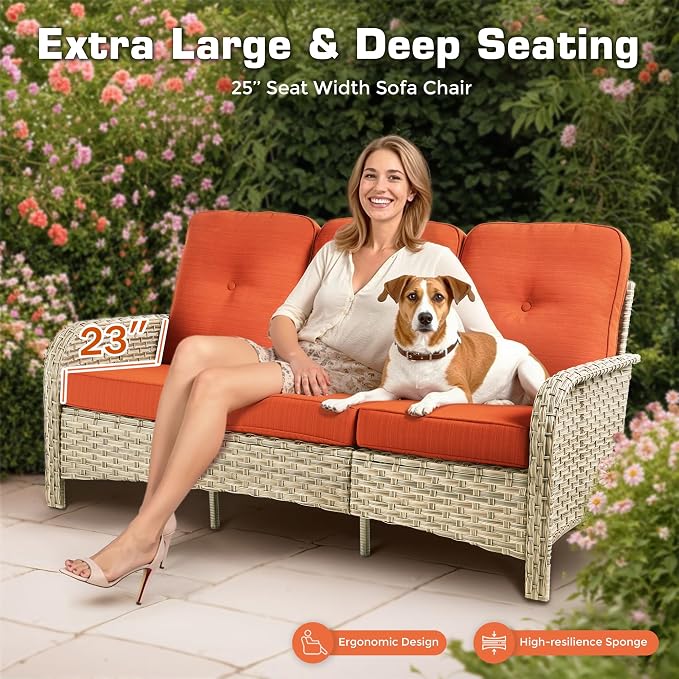 6-Piece Outdoor Patio Furniture Set with Glowing Coffee Table,All Weather Wicker Rattan Patio Seating Sofa and Chair Set with Ottomans,Outdoor Conversation Sets for Porch Deck Yard,Red