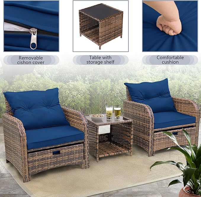 5 Piece Outdoor Patio Chair with Ottomans and Table PE Wicker Rattan Patio Conversation Furniture Set Space Saving Design Wicker Outdoor Chairs Set for Front Porch (Blue Cushion Brown Rattan)