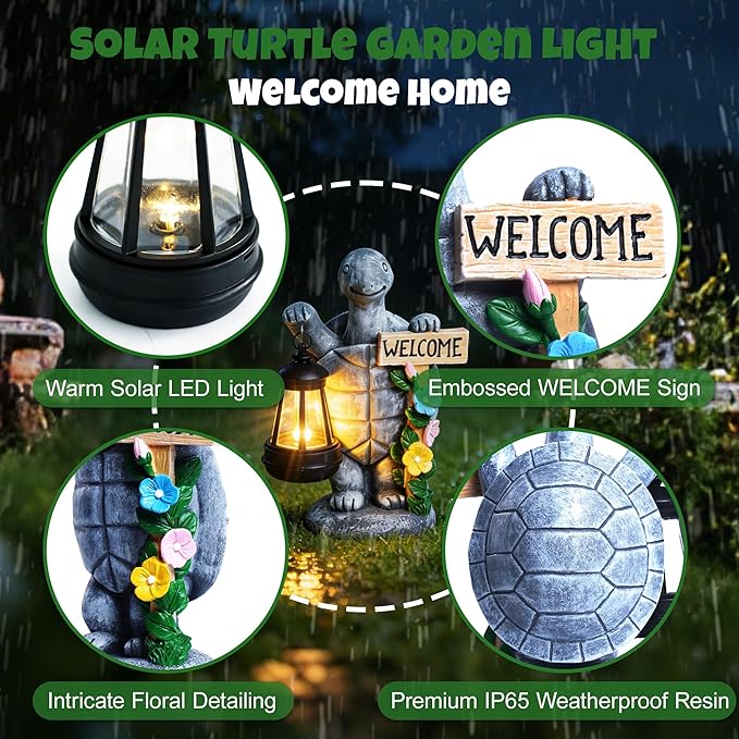 Solar Garden Statues, Resin Turtle Flower Statue w/ Welcome Sign, Waterproof Garden Figurine for Outside Yard Outdoor Home Patio Lawn Decor, Solar Animal Light for Adults Women Birthday Easter Gifts