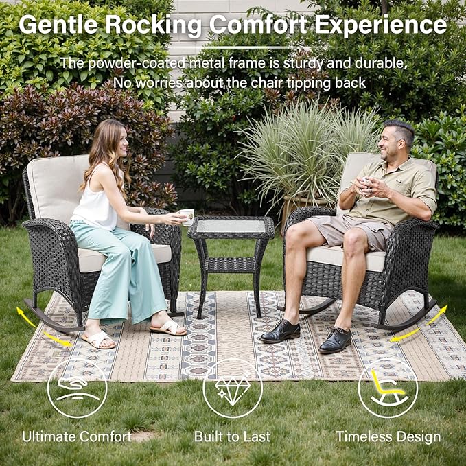 Belord Patio Rocking Chairs Furniture Set of 6, Outdoor Wicker Furniture Sets with Wicker Rocker, Small Patio Conversation Sets with Outdoor Couch Ottomans Black/Beige