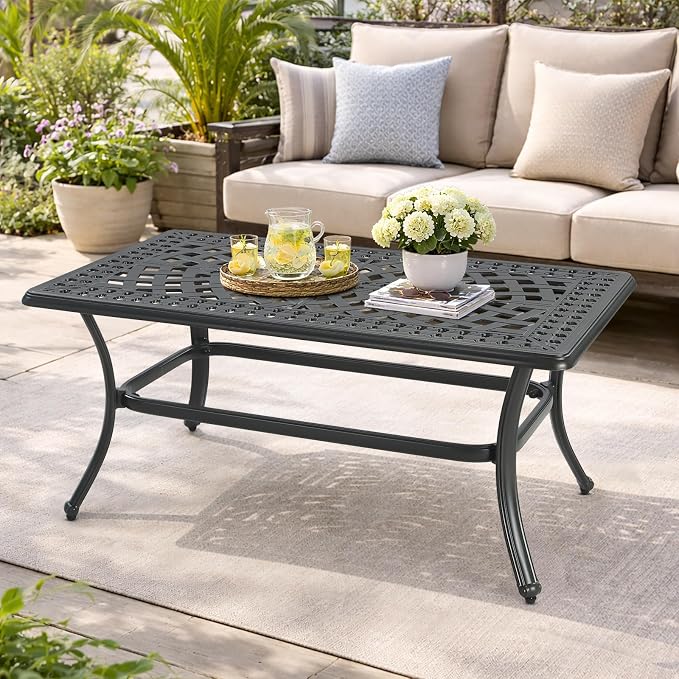 VIVIJASON Cast Aluminum Outdoor Coffee Table, 42 x 24 Inch Rectangular Patio Conversation Table with Lattice Top, Rust-Resistant All-Weather Center Table for Deck, Backyard, Porch, Antique Bronze