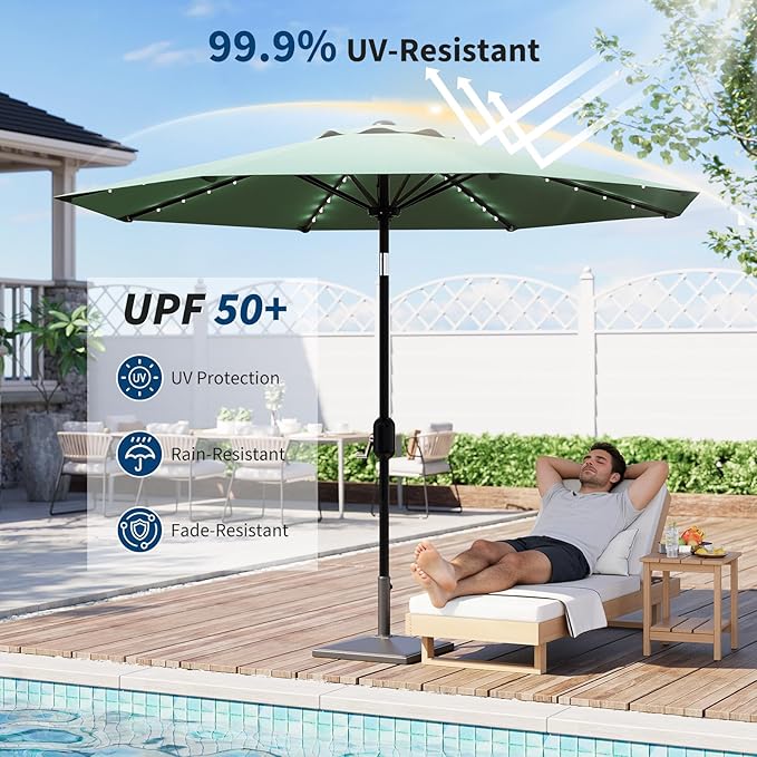 9FT Outdoor Patio Umbrella, 8 Ribs Market Table Umbrella with Solar Light & Tilt & Crank, UV-Resistant Waterproof for Pool, Deck, Backyard, Dark Green