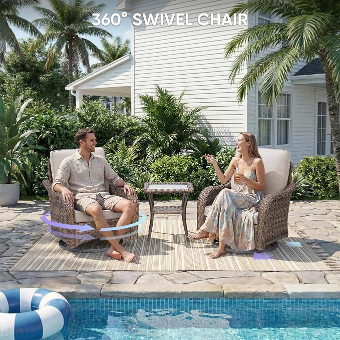 Patio Furniture Set - 6 Pieces All Weather Wicker Outdoor Furniture with 2 Swivel Chairs, 2 Ottomans 1 Sofa and Fire Pit Table, Ergonomic Design for Porch, Deck, Balcony, Garden, and Backyard(Beige)