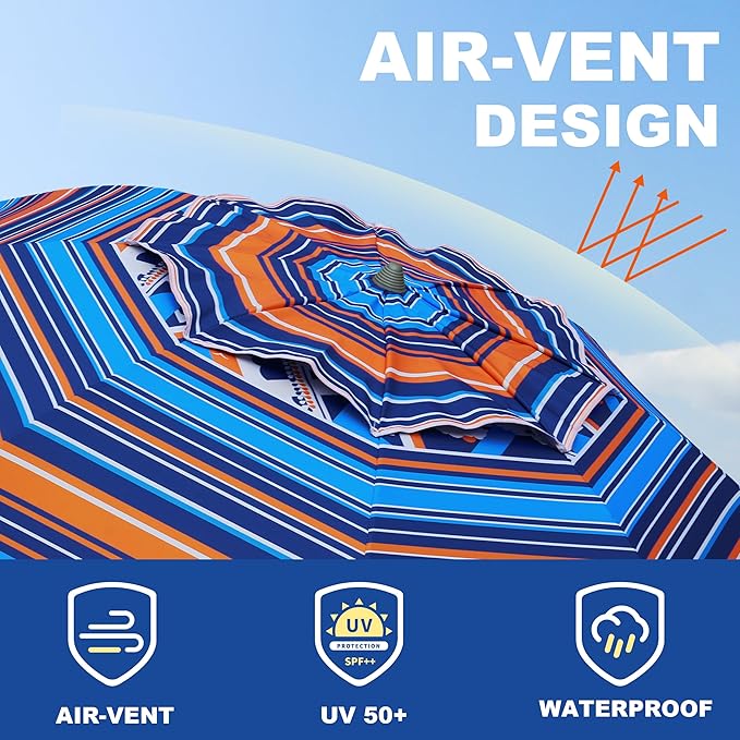 AMMSUN 7ft Heavy Duty High Wind Beach Umbrella Parasols with sand anchor & Tilt Sun Shelter, UPF 50+ Protection Outdoor Sunshade Umbrellas Carry Bag for Patio Garden Pool Backyard Multicolor