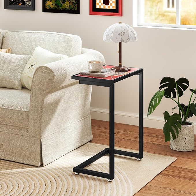 Giantex Mosaic C-Shaped Outdoor Side Table with Sturdy Metal Frame and Adjustable Foot Pads, 110 Lbs Capacity, Patio End Table for Sofa Side, Living Room, Bedroom, Outside (1)