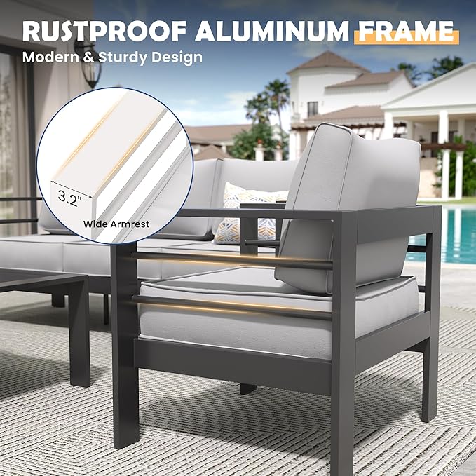 Amopatio Aluminum Patio Furniture Set, 8 Pieces Modern Patio Conversation Sets, Outdoor Sectional Metal Sofa with Coffee Table for Balcony, Garden (Included Waterproof Covers)