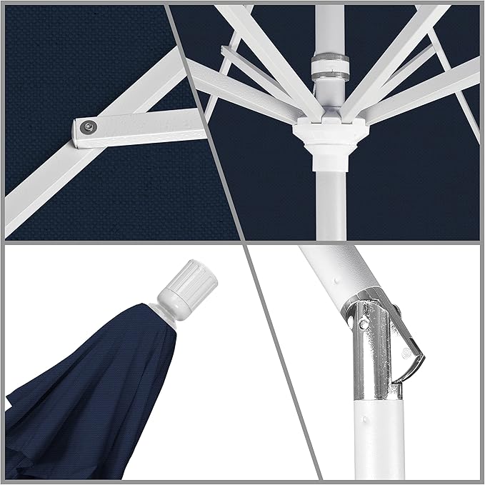 California Umbrella 9' Round Aluminum Market Umbrella, Crank Lift, Collar Tilt, White Pole, Navy Blue Olefin