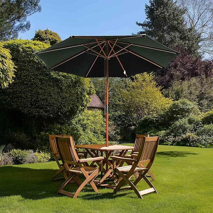 9 Ft Wooden Patio Umbrella 8 Ribs Table Parasol Rope Pulley Outdoor Garden Yard