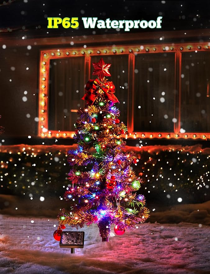 100LED Solar Christmas Tree Lights Outdoor Waterproof, 8 Modes Large Solar Christmas Trees Lights with Xmas Ball & Red Berry, Solar Powered Christmas Decorations for Outside Pathway Garden Yard Decor