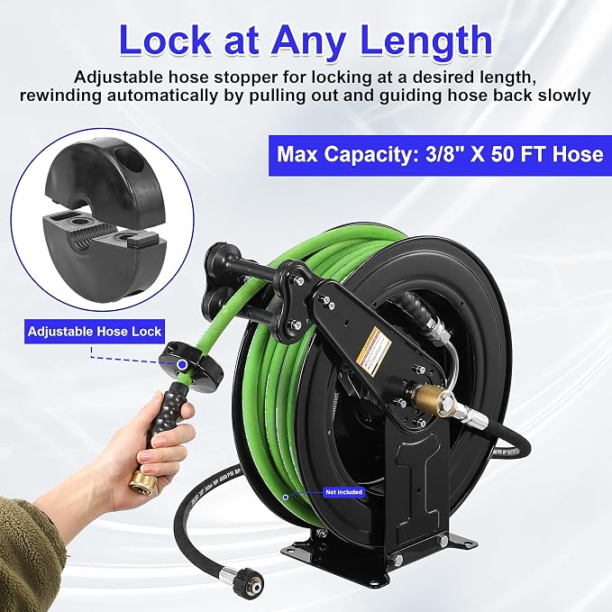 JOEJET Auto-Retractable Pressure Washer Hose Reel, 50FT x 3/8" Heavy Duty Steel Power Washer Hose Reel Dual Arm, 4000 PSI