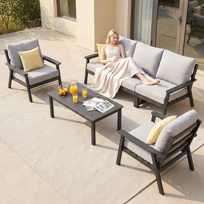 Ayge HDPE Patio Furniture Set, 6 Piece Sectional Outdoor Furniture Set, All Weather Outdoor Couch Set Patio Conversation Set for Deck, Lawn, Black