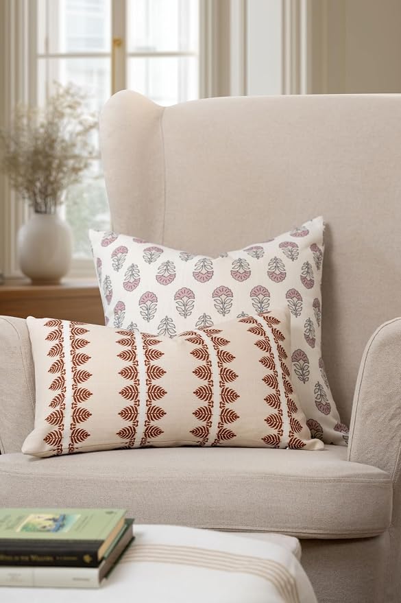 Crumbs Home Modern Farmhouse California Casual Indoor Outdoor Throw Pillow Cover, 20"x20" Water Repellent for Patio, Backyard, Couch, Poolside, Earth Tone Dark Rose Ivory Cream Block Print Flowers