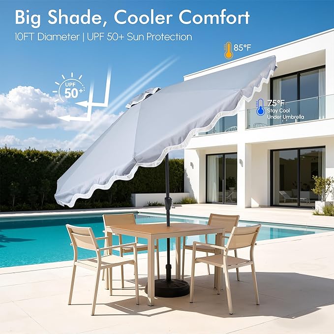 Weaxty 10FT Patio Umbrella, Trendy Color Scalloped Edge, UV-Resistant Canopy Outdoor Table Market Umbrella, Tilt Adjustment, Crank, Heavy-duty 8 Ribs for Backyard Poolside Deck Beach Lawn Backyard
