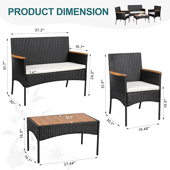 4-Piece Outdoor Patio Furniture Set, PE Wicker Conversation Kit with Wood-Look Armrests & Coffee Table, Weather-Resistant Seating for Porch, Balcony & Small Backyard, Beige Washable Cushions, Beige