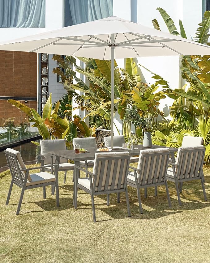 9 Pieces Outdoor Dining Set, Never-Rust Aluminum Patio Furniture Set with Umbrella Hole, All-Weather Outdoor Patio Dining Set for 8, Patio Table and Chair Set for Decks, Pool, Lawn, Limed Oak