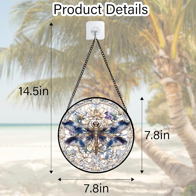 DASTOLL Stained Glass Window Hanging, Dragonfly Flower Suncatcher for Doors Home Sun Catchers Decoration and Christmas, Mother's Day Birthday Gifts for Women, Men, and Mom 7.8 in