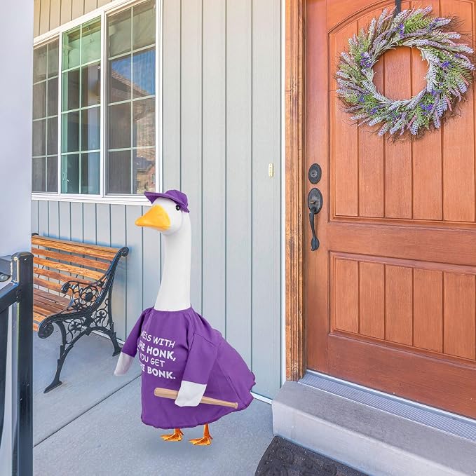 CAMDUCK Funny Porch Goose Outfit for 23 Inch Goose Statue, Mess with The Honk You Get The Bonk Goose Clothes, Decorative Lawn Geese Costume Clothing for Outdoor Decor (Purple)