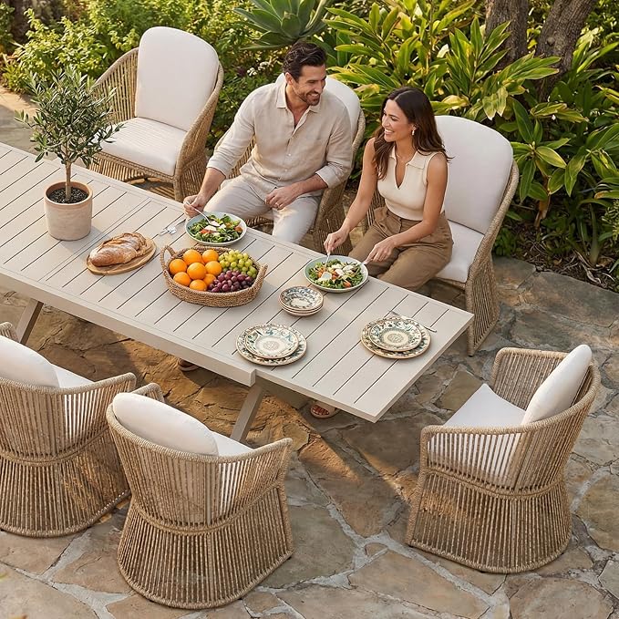 SUNSITT 9 Piece Outdoor Patio Dining Set, 65" - 107" Metal Expandable Outdoor Dining Table with X-Shape Legs, 8 Woven Wicker Outdoor Patio Chairs w/Curved Armrest for Garden, Beige