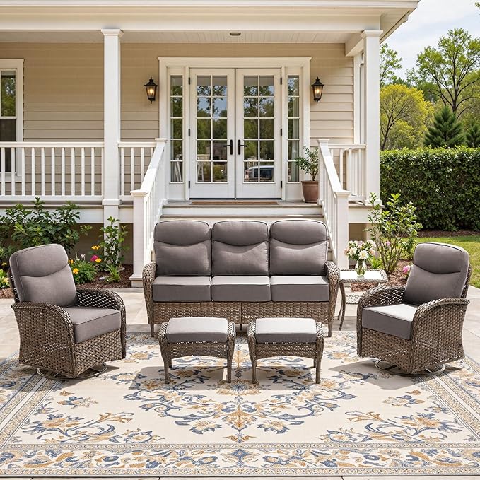 6-Piece Luxury Patio Furniture Set with 6-Inch Thick Cushions, High-Back Outdoor Swivel Rocker Chairs and Table, All-Weather Conversation Set for Porch, Deck, Balcony or Backyard – Gray