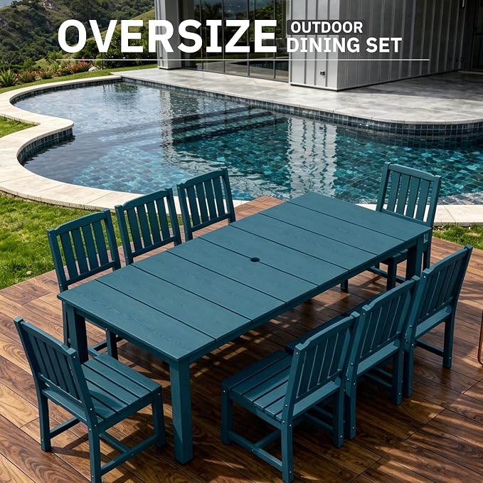 AreShark 9-Piece Outdoor Dining Set,HDPE Patio Table with 8 Chairs,All-Weather Patio Furniture Set with Umbrella Hole,Low Maintenance Wood Grain Dining Set for Backyard,Garden,Poolside,Navy Blue