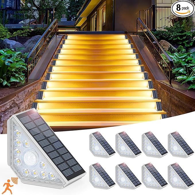 Kondras Motion Sensor Solar Stair Lights Outdoor, 8-Pack Super Bright LED Solar Powered Step Lights for Outside, 550LM IP67 Waterproof Outdoor Sensor Lights for Stair Porch Yard Deck, Warm White