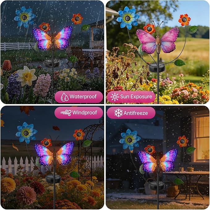 Solar Butterfly Garden Lights, 2 Lighting Modes, Colorful LED with Flower & Butterfly Decor, Waterproof Solar Stake Lights for Garden Yard Patio Lawn Pathway (Purple)