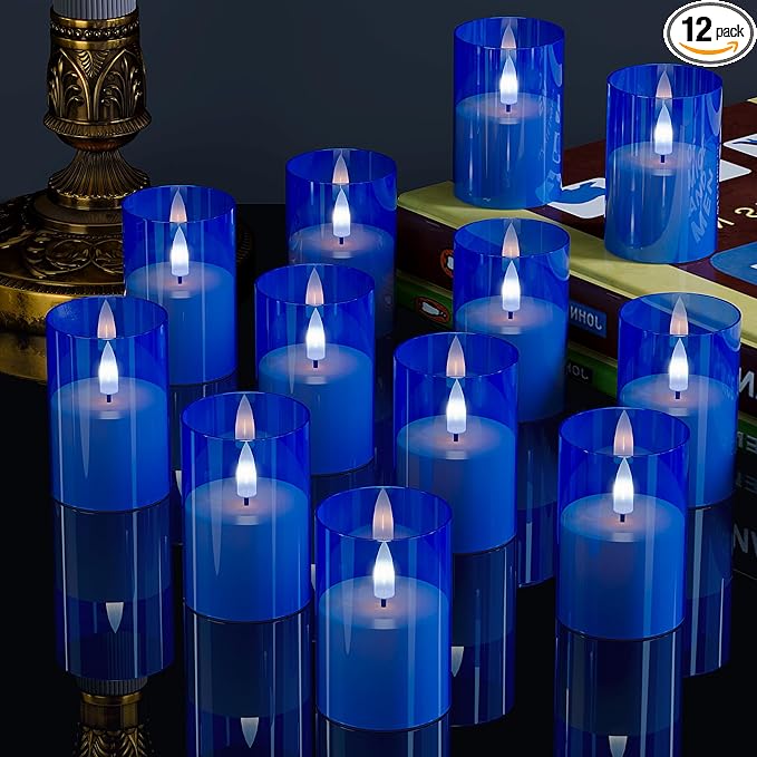 VIODAIM 12Pack Flickering Flameless LED Candles with Timer, Battery Powered - Small Pillar & Votive, Acrylic Made, Blue (2"X3")