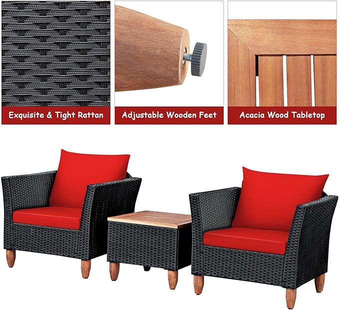 COSTWAY 3 Pieces Patio Rattan Furniture Set, Outdoor Wicker Conversation Chairs Set with Acacia Wood Coffee Table & Washable Cushion, Porch Furniture Bistro Set for Balcony, Garden, Backyard, Red