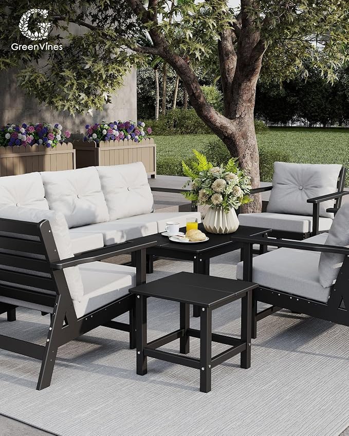 GREENVINES Outdoor-Couch-Set-of-2 | HDPE Plastic | Patio Sectional Conversation Sets | All Weather Couches | Sofa with Detachable Armrests | for Porch Deck Lawn | Black Frame Light Gray Cushion