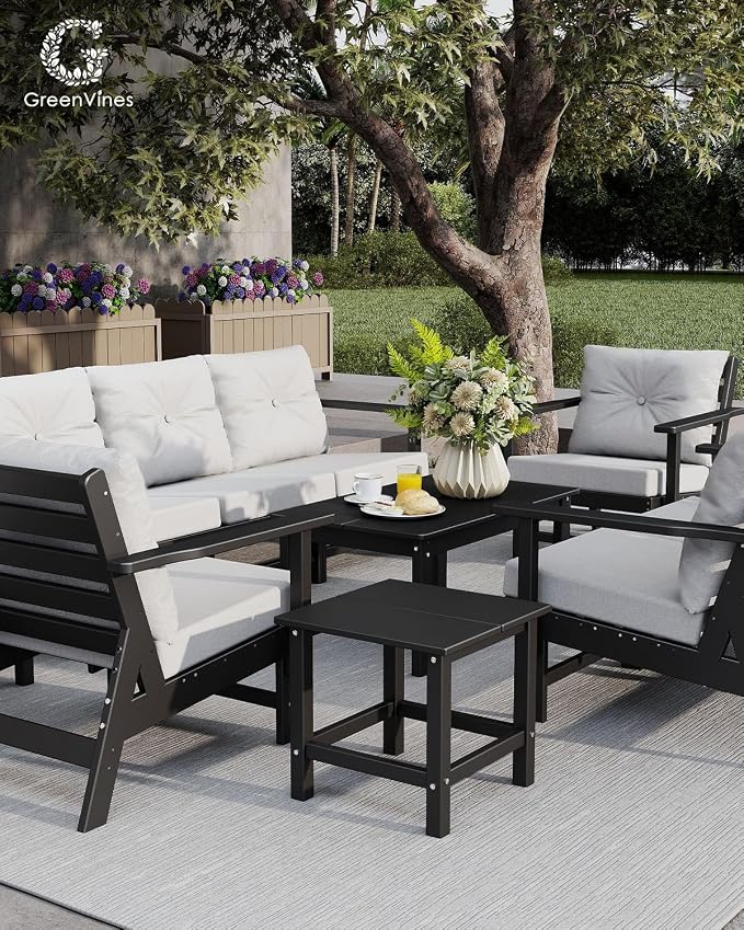 GREENVINES 5-Piece-Patio-Furniture-Set | HDPE Plastic | Outdoor Sectional Conversation Sets | All-Weather Couch | Sofa with Coffee Table | Detachable Armrests | for Deck Lawn | Black