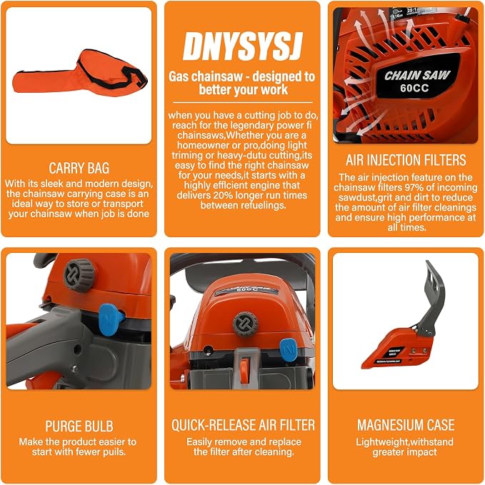 60CC 2-Cycle Gas Powered Chainsaw, 2.8KW Gasoline Chain Saw Cordless, 22Inch Gas Chainsaw Handheld for Wood Cutting and Garden Pruning