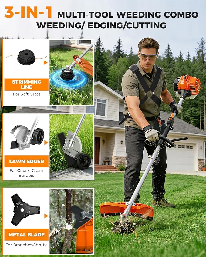 NEO-TEC 26cc 3-in-1 Gas String Trimmer & Lawn Edger Powerful 2-Cycle Weed Eater, Lightweight Weed Wacker & Brush Cutter Quick-Start Gas Powered Trimmer,16" Lightweight Yard Tool with Shoulder Strap
