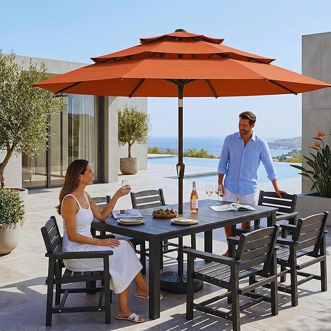 10ft 3 Tier Patio Umbrella, Outdoor Market Table Umbrella with UPF 50+ Vented Canopy, 8 Sturdy Ribs, Easy Push Button Tilt and Crank, Windproof for Deck, Pool, Backyard and Garden