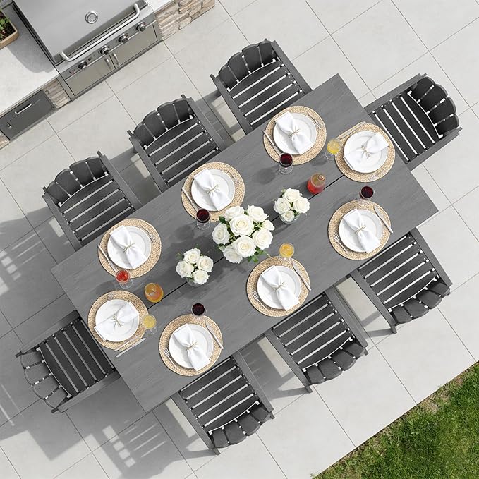 9-Piece Patio Dining Set for 8, 89.76” Oversized Table, Large HDPE All-Weather Outdoor Furniture with Umbrella Hole Table, 8 Armchairs, Gray