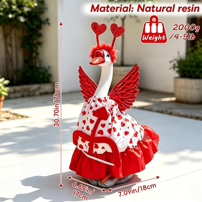 Porch Goose Outfit Heart Dress Geese Costume for Outdoor Lawn Decor | Stable Weighted Base,Heart-Patterned Dress With Red Wings and Cupid'S Bow, Realistic Goose Sculpture for Garden,Yard