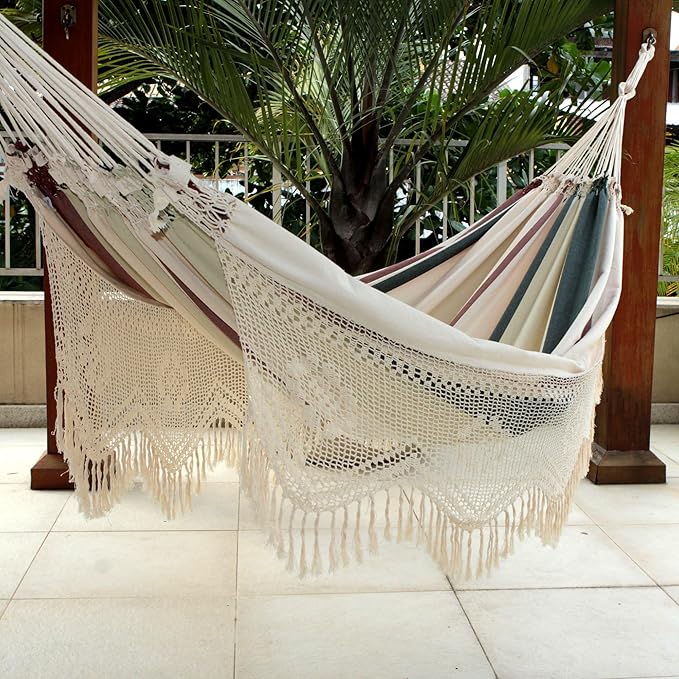 NOVICA Dark Green Brown White Stripe 2 Person Cotton Brazilian Hammock with White Crochet Fringe, 'Joyous Earth' (Double)