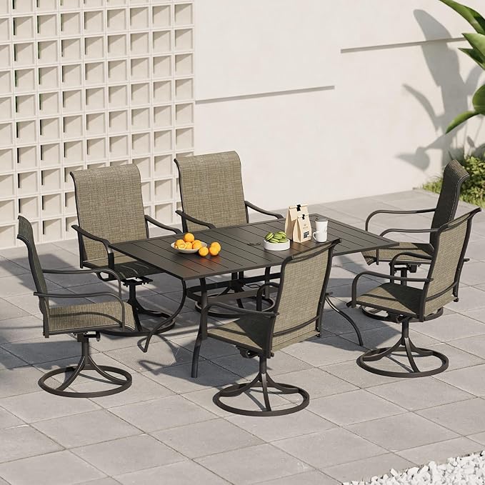 Anmutig 7-Piece Outdoor Dining Set, 6 Swivel Patio Chairs & 60'' Rectangular Dining Table with All Weather Frame Furniture Set - Tan Grey Style2