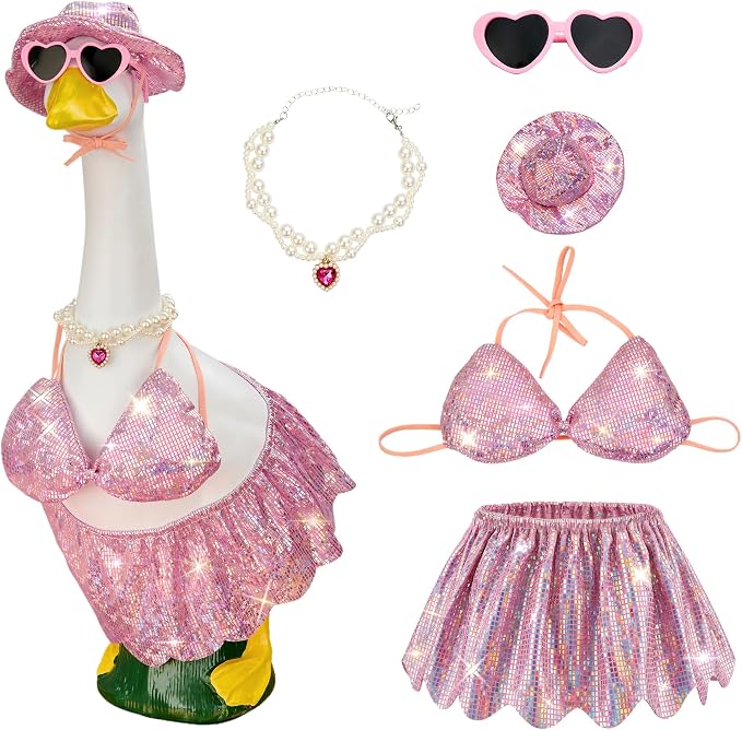 Pink Bikini Goose Clothes Set with Sunglasses Necklace Hat, Pink Sequin Swimming Suits Porch Goose Outfits for 23 Inch Goose Statue, Summer Pool Party Garden Decor (Pink)
