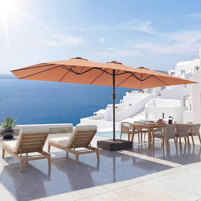 EO Living 15ft Large Patio Umbrella, Double-Sided Rectangle Outdoor Umbrella with Base Included, Table Umbrella for Poolside Deck Market (Beige)