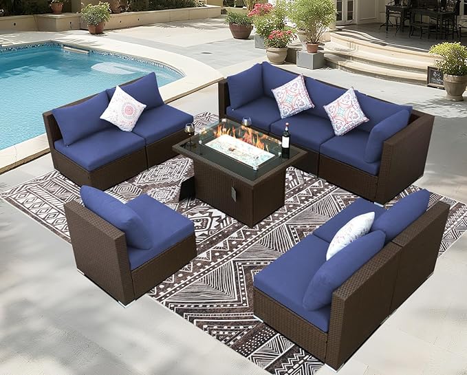 BULEXYARD 9 Piece High Back Outdoor Sectional Couch Set with Fire Pit, Luxury Weather-Resistant Patio Furniture Set, Large Size 8-Person Backyard Seating Group L-Shape for Exterior, Brown & Navy Blue